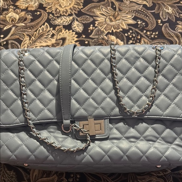 Handbags - Chanel style Quilted Leather messenger Bag - Gray blue